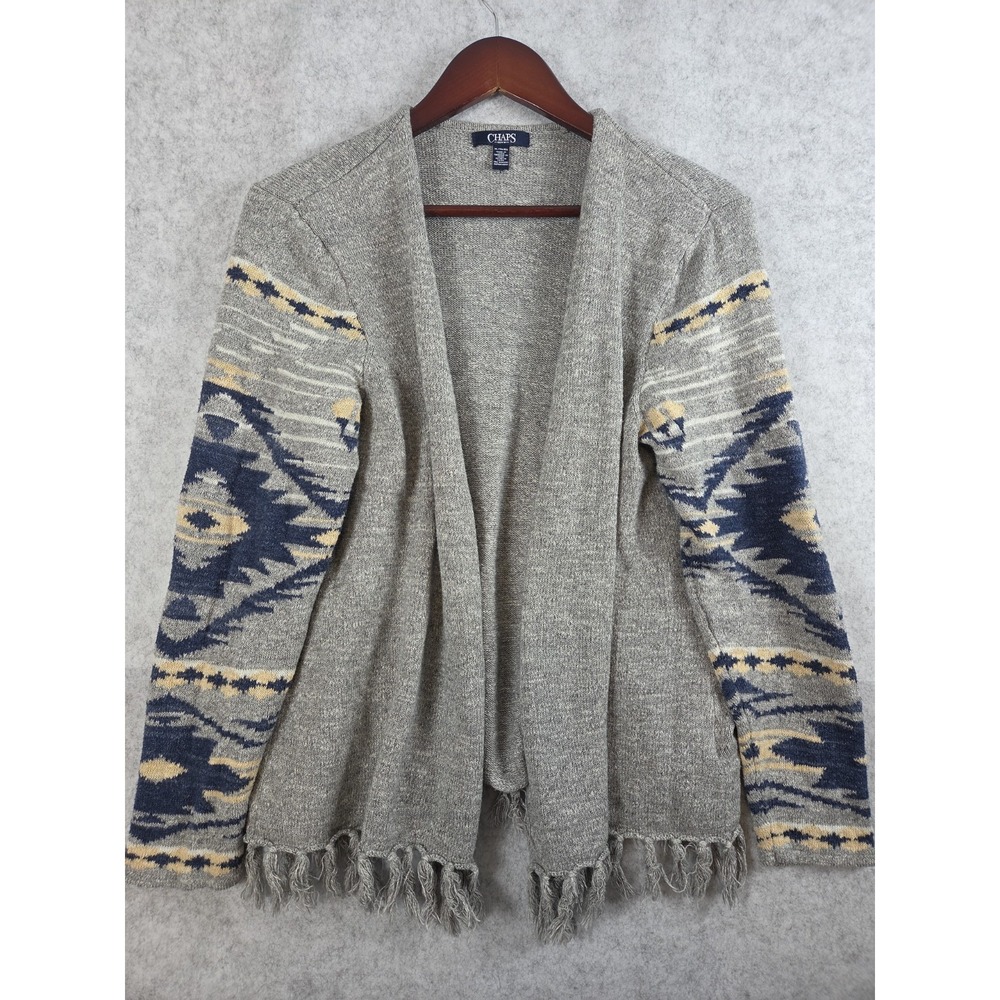 CHAPS Southwestern Cardigan Sweater XL Gray Fringed Open Front Aztech Boho Y2K